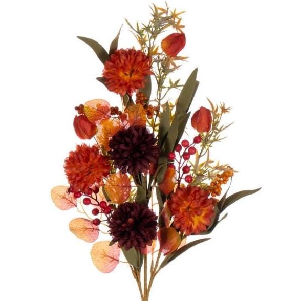 31” Orange Burgundy Mixed Mum, Chinese Lantern and Berry Spray, Artificial Fall Floral Stem