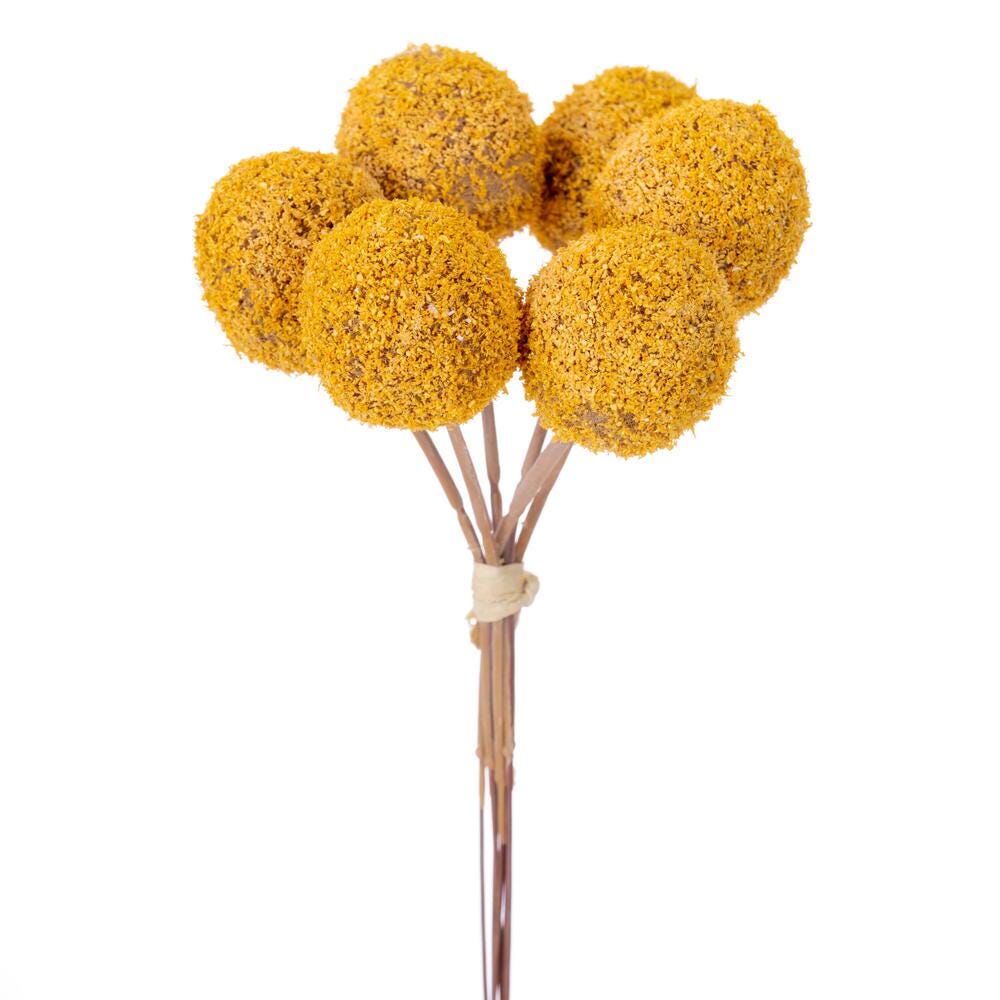 7” Artificial Billy Button Stems, Bundle of 6, Brown Purple or Dark Yellow Craspedia Floral Picks, Fall Wreath Supplies