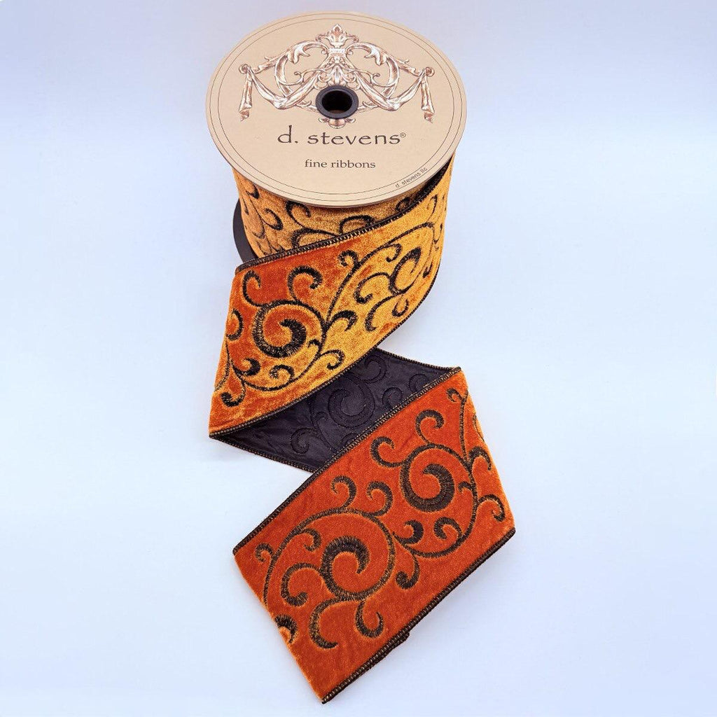 D. Stevens 4" Orange Velvet Ribbon with Black Swirls | 5 Yard Wired Halloween Ribbon | Designer Wreath and Bow Ribbon