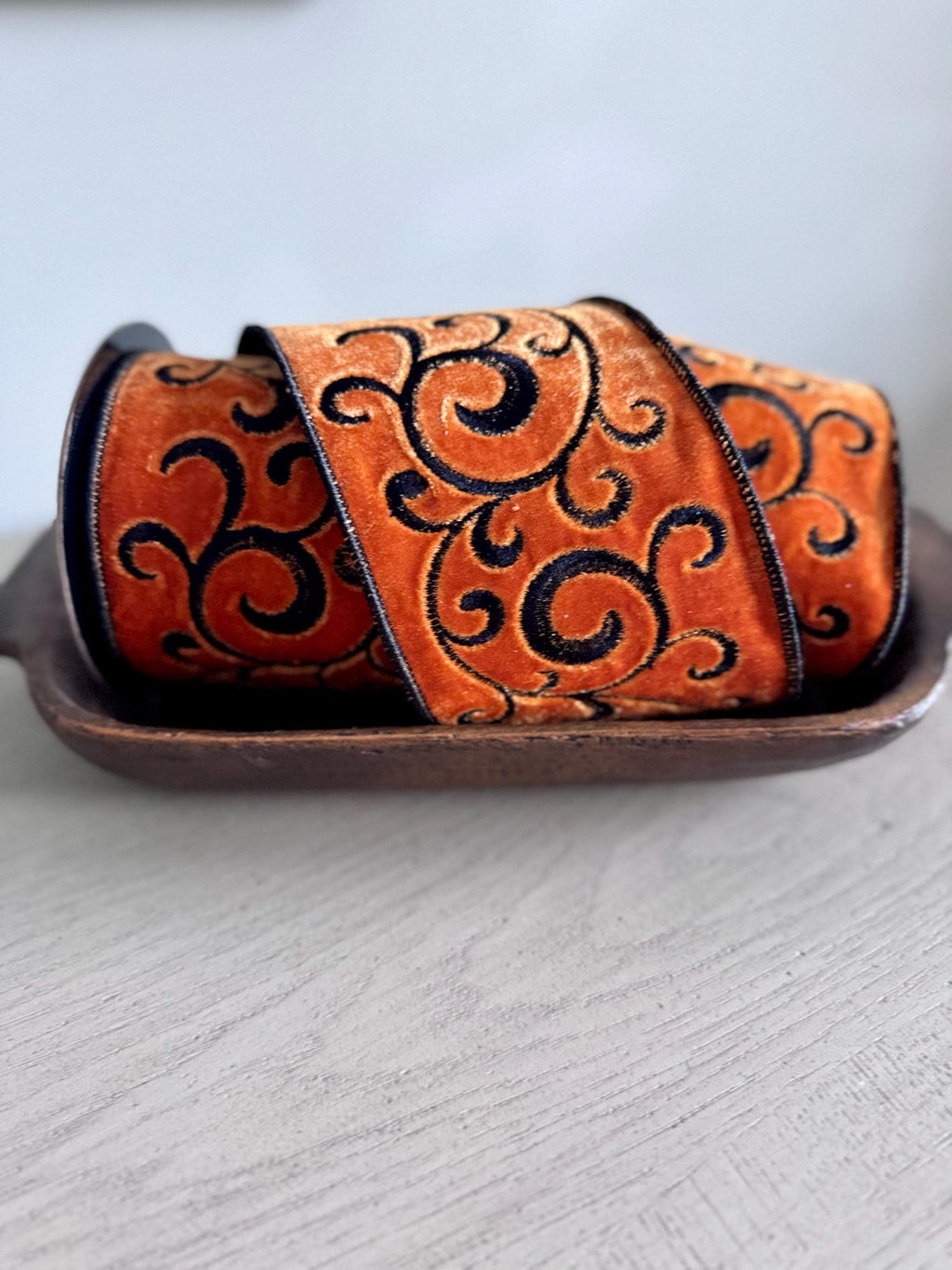 D. Stevens 4" Orange Velvet Ribbon with Black Swirls | 5 Yard Wired Halloween Ribbon | Designer Wreath and Bow Ribbon