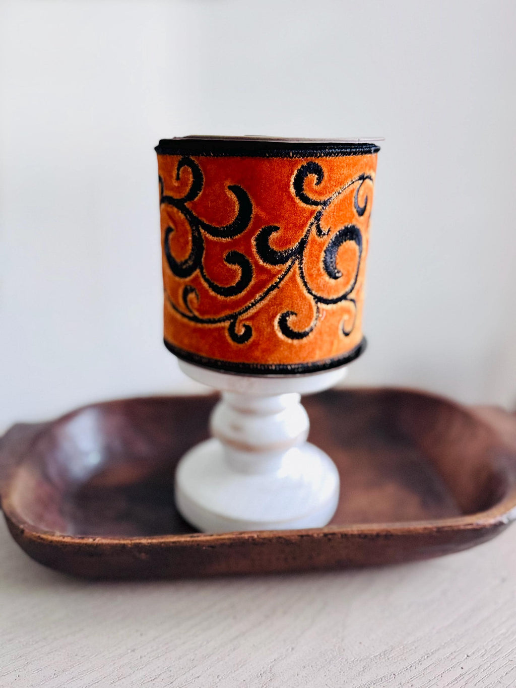 D. Stevens 4" Orange Velvet Ribbon with Black Swirls | 5 Yard Wired Halloween Ribbon | Designer Wreath and Bow Ribbon