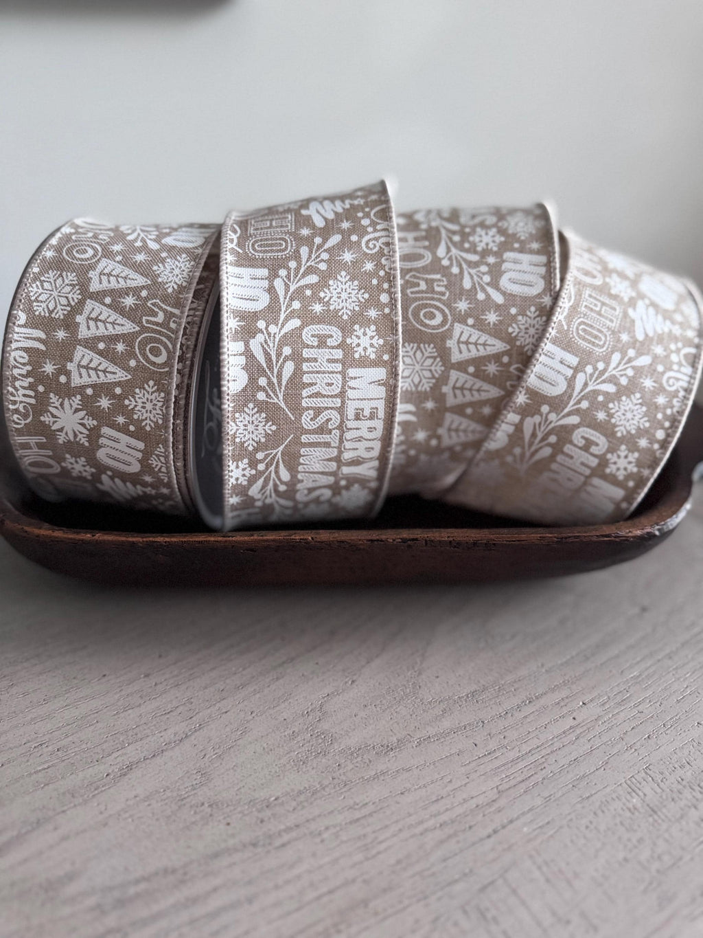 Farrisilk 2.5" Jolly Christmas Ribbon | 10 Yard Taupe and White Wired Ribbon | Merry Christmas Wreath and Bow Ribbon