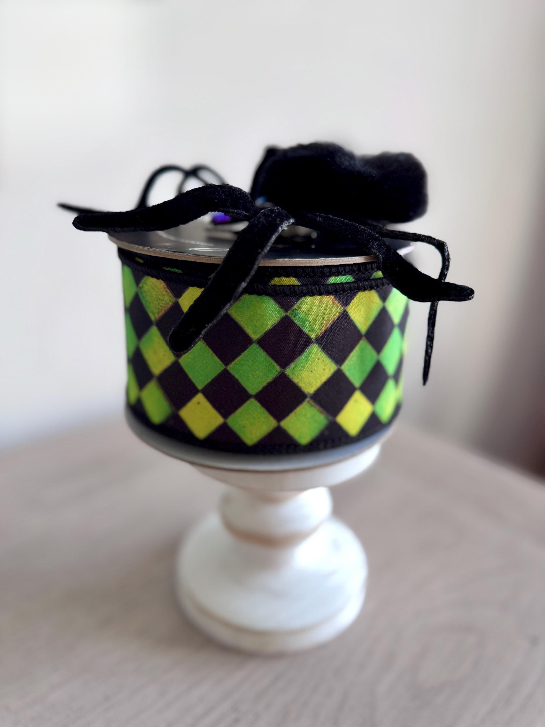 Farrisilk Sketch Checks Ribbon 2.5" x 10 Yards | Lime Green and Black Checkered Wired Ribbon for Halloween Wreaths and Bows