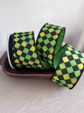 Farrisilk Sketch Checks Ribbon 2.5" x 10 Yards | Lime Green and Black Checkered Wired Ribbon for Halloween Wreaths and Bows