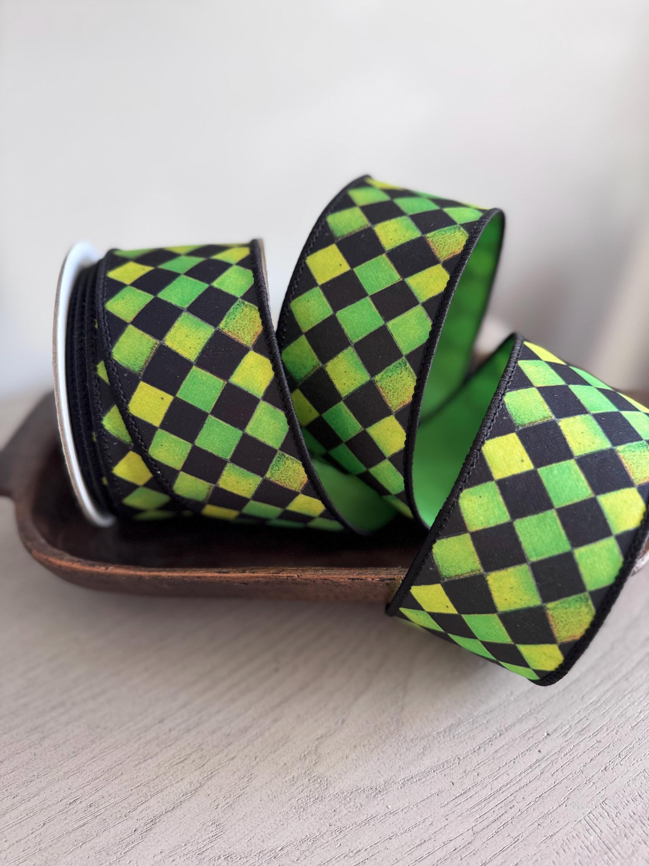 Farrisilk Sketch Checks Ribbon 2.5" x 10 Yards | Lime Green and Black Checkered Wired Ribbon for Halloween Wreaths and Bows