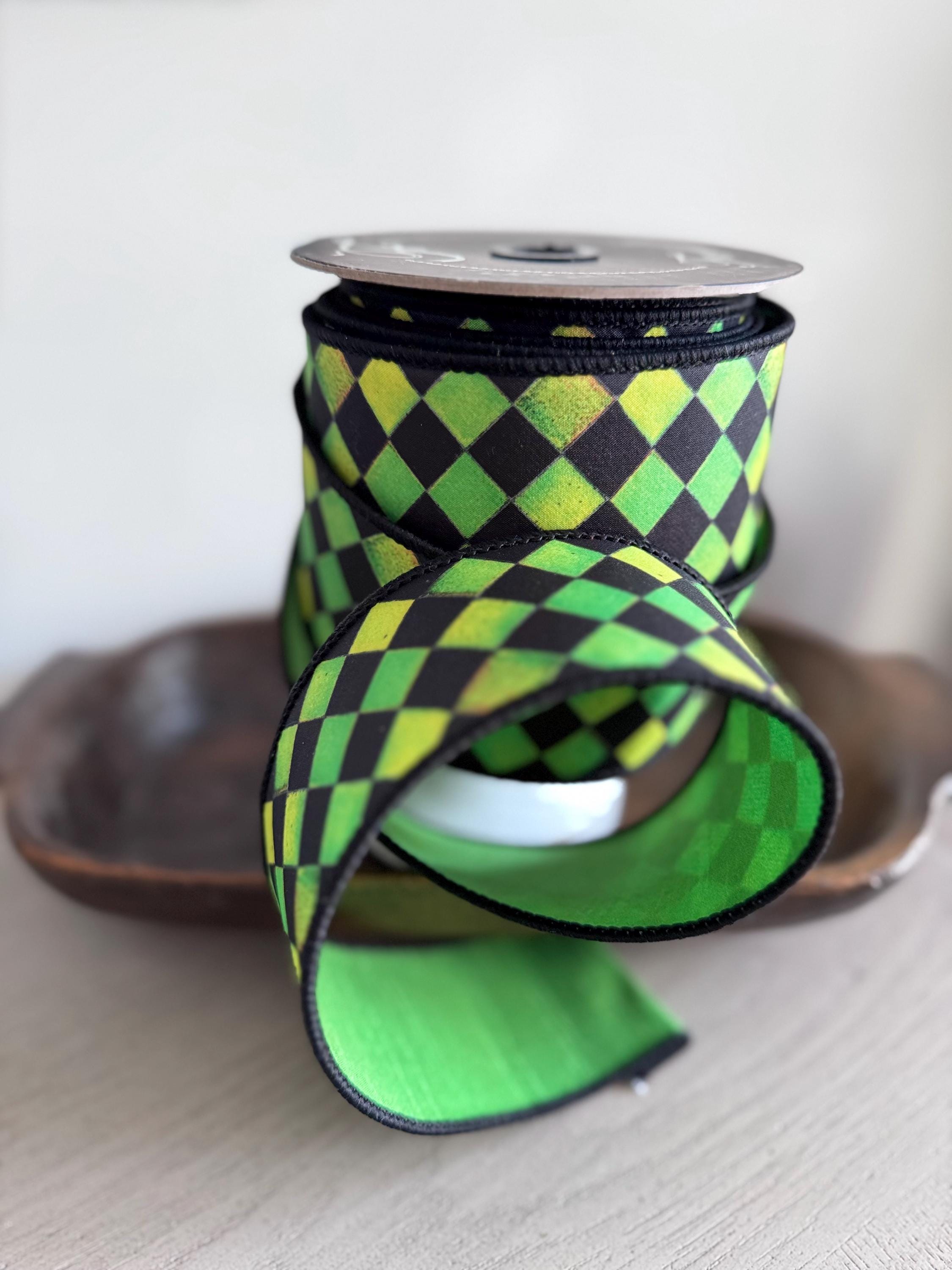 Farrisilk Sketch Checks Ribbon 2.5" x 10 Yards | Lime Green and Black Checkered Wired Ribbon for Halloween Wreaths and Bows