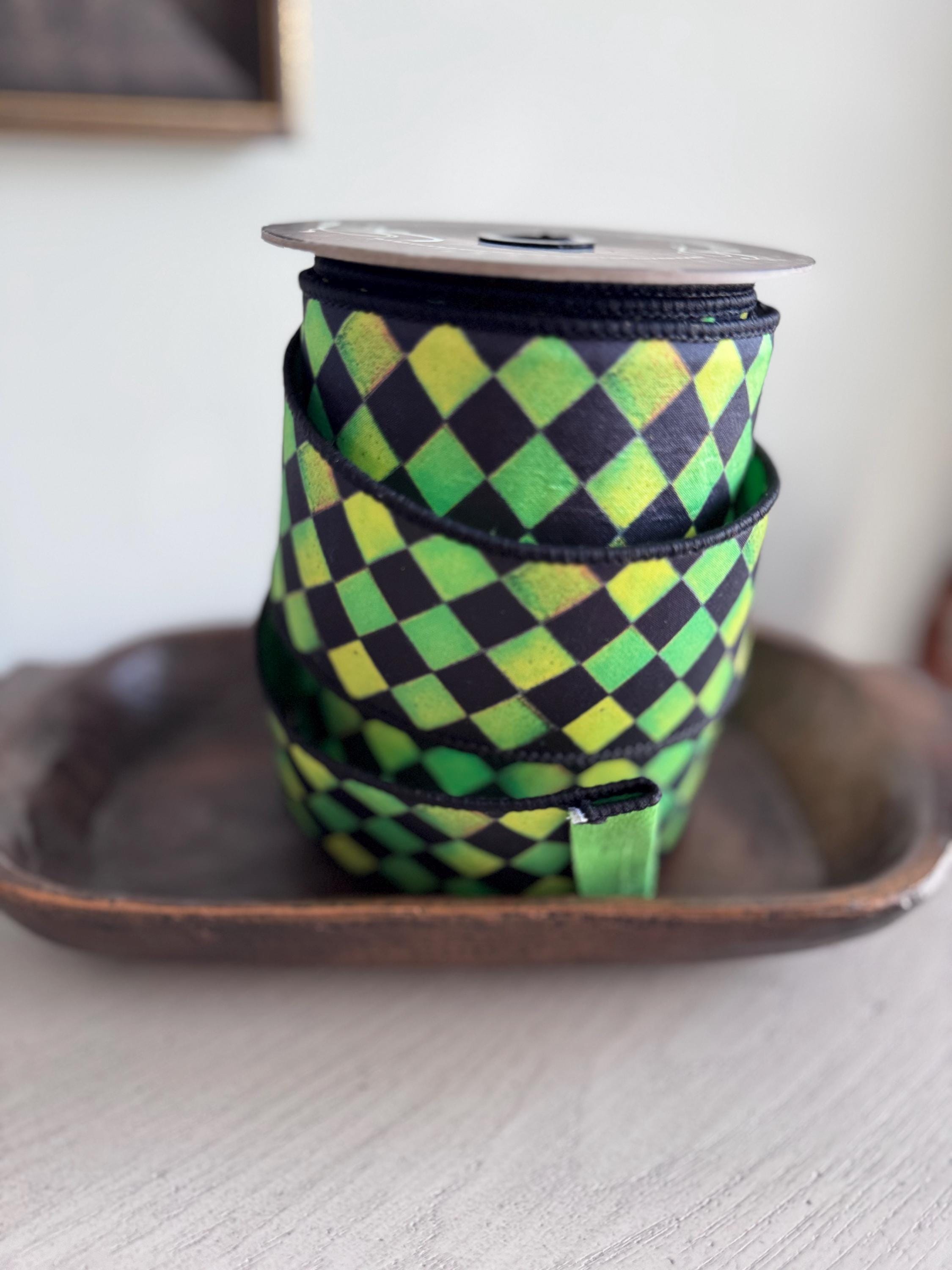 Farrisilk Sketch Checks Ribbon 2.5" x 10 Yards | Lime Green and Black Checkered Wired Ribbon for Halloween Wreaths and Bows
