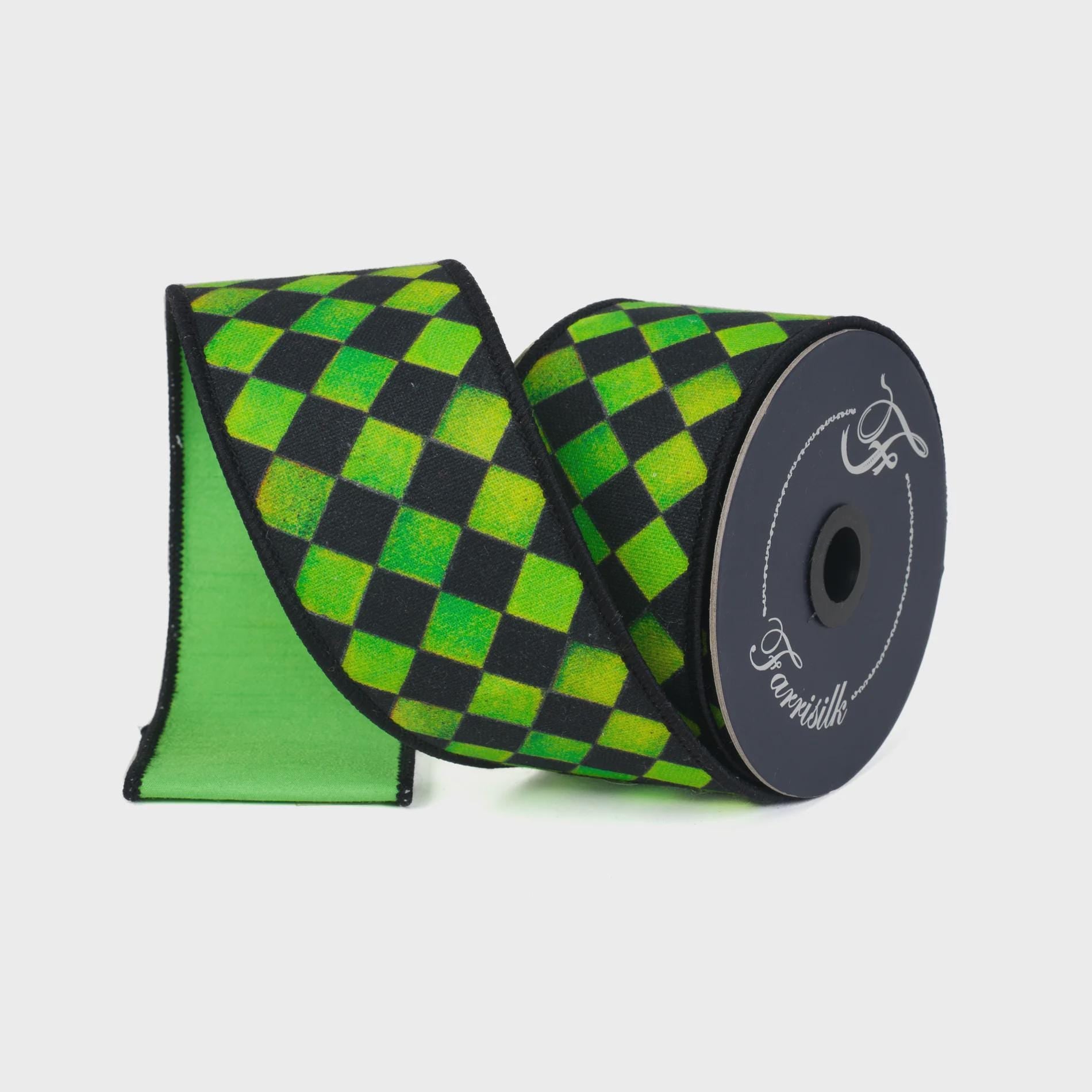 Farrisilk Sketch Checks Ribbon 2.5" x 10 Yards | Lime Green and Black Checkered Wired Ribbon for Halloween Wreaths and Bows