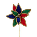 14” Red Green Blue Velvet Poinsettia Pick, Gold Lace Trim Christmas Flower, Jewel Tone Holiday Floral Stem, Nutcracker Wreath Supply