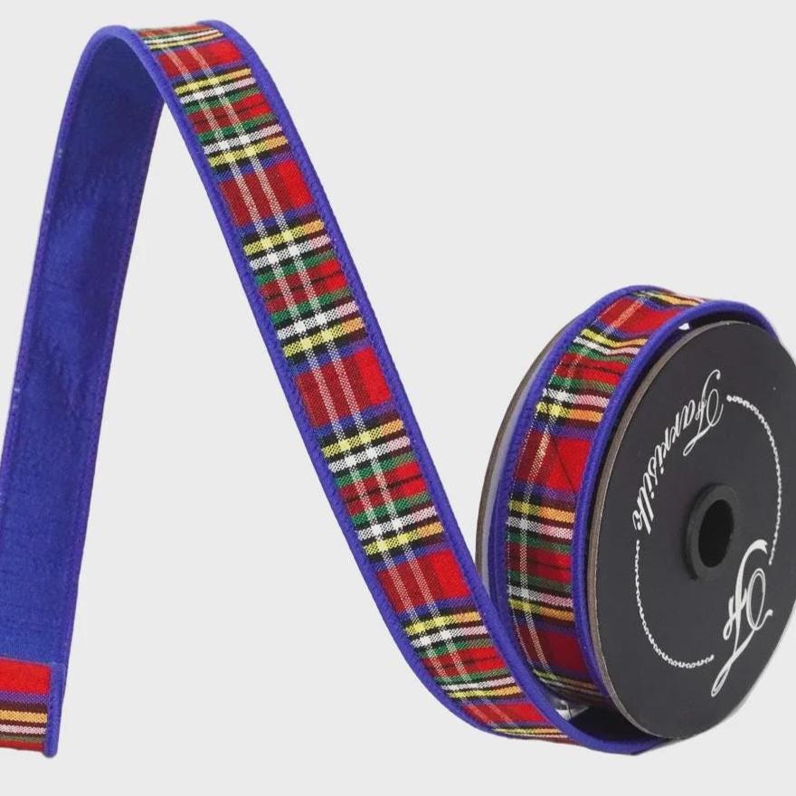 Farrisilk 1” Royal Blue Christmas Plaid Ribbon, 10 Yard Roll, Multicolor Wired Designer Ribbon, Velvet Back Holiday Ribbon