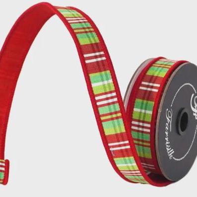 Farrisilk 1” Red Lime Green Christmas Plaid Ribbon, 10 Yard Roll, Wired Designer Ribbon, Red Velvet Back Holiday Wreath Ribbon
