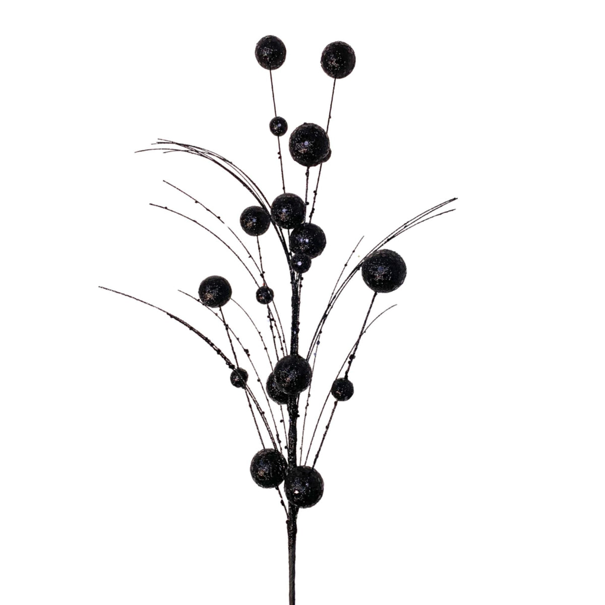 27" Black Glittered Ball Spray – Mixed Size Glitter Ball Pick for Halloween Wreaths, Christmas Trees and Holiday Décor