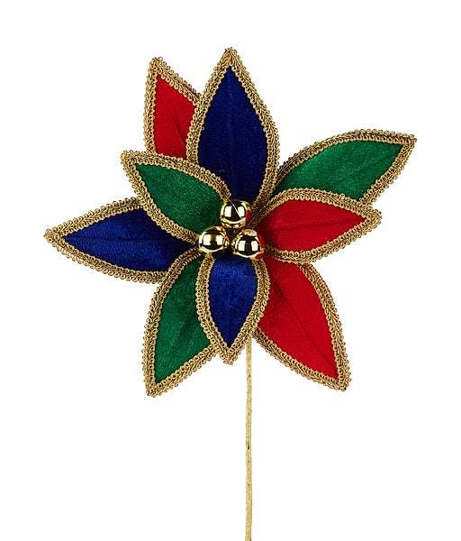 14” Red Green Blue Velvet Poinsettia Pick, Gold Lace Trim Christmas Flower, Jewel Tone Holiday Floral Stem, Nutcracker Wreath Supply