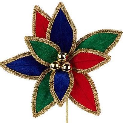 14” Red Green Blue Velvet Poinsettia Pick, Gold Lace Trim Christmas Flower, Jewel Tone Holiday Floral Stem, Nutcracker Wreath Supply
