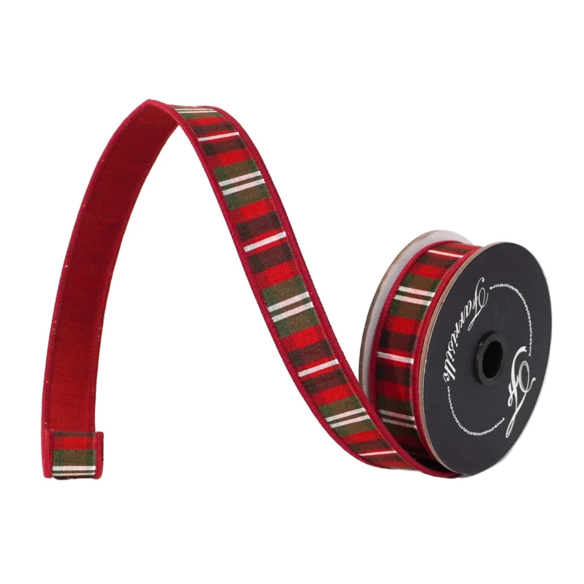Farrisilk 1” Burgundy Christmas Plaid Ribbon, 10 Yard Roll, Red Green Wired Designer Ribbon, Velvet Back Holiday Wreath Ribbon