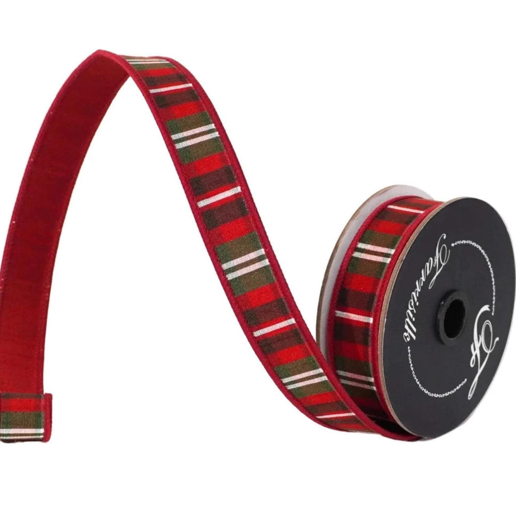Farrisilk 1” Burgundy Christmas Plaid Ribbon, 10 Yard Roll, Red Green Wired Designer Ribbon, Velvet Back Holiday Wreath Ribbon