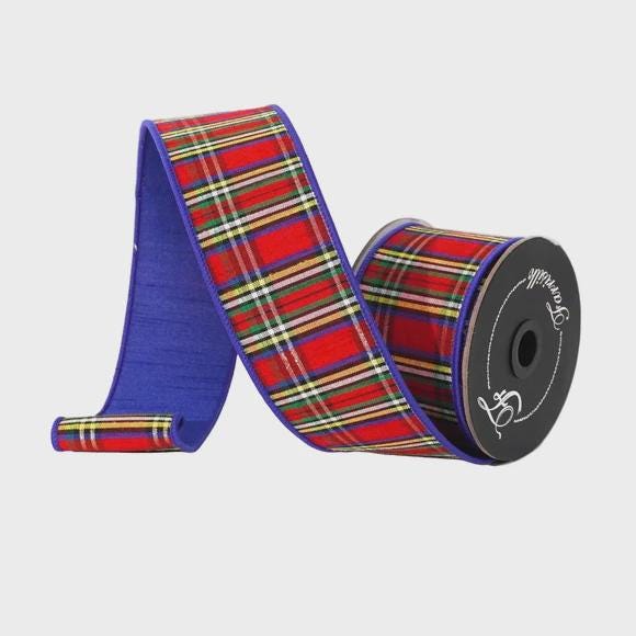 Farrisilk 2.5” Royal Blue Christmas Plaid Ribbon, 10 Yard Roll, Multicolor Wired Designer Ribbon, Velvet Back Holiday Ribbon