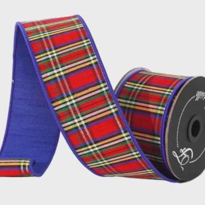 Farrisilk 2.5” Royal Blue Christmas Plaid Ribbon, 10 Yard Roll, Multicolor Wired Designer Ribbon, Velvet Back Holiday Ribbon