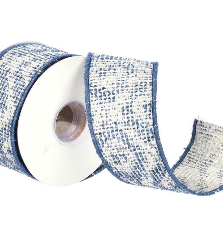 Vickerman Blue Jacquard Wired Ribbon 2.5" x 10 Yards – Blue and Cream Textured Ribbon for Wreaths, Bows and Décor