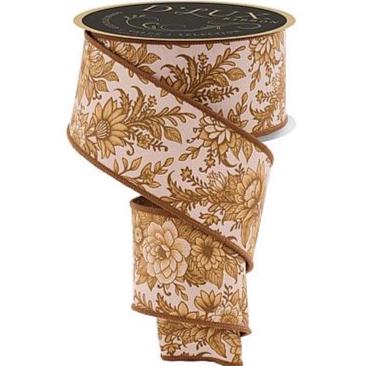 2.5" x 10 Yard Chinoiserie Floral Wired Ribbon | Brown & Cream Botanical Ribbon | Fused Back Designer Ribbon | Fall Wreath Ribbon