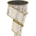 2.5" x 10 Yard Metallic Gold Swirl Leaf Wired Ribbon | Ivory Gold Fused Ribbon | Elegant Christmas & Wedding Wreath Ribbon