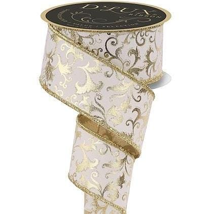 2.5" x 10 Yard Metallic Gold Swirl Leaf Wired Ribbon | Ivory Gold Fused Ribbon | Elegant Christmas & Wedding Wreath Ribbon