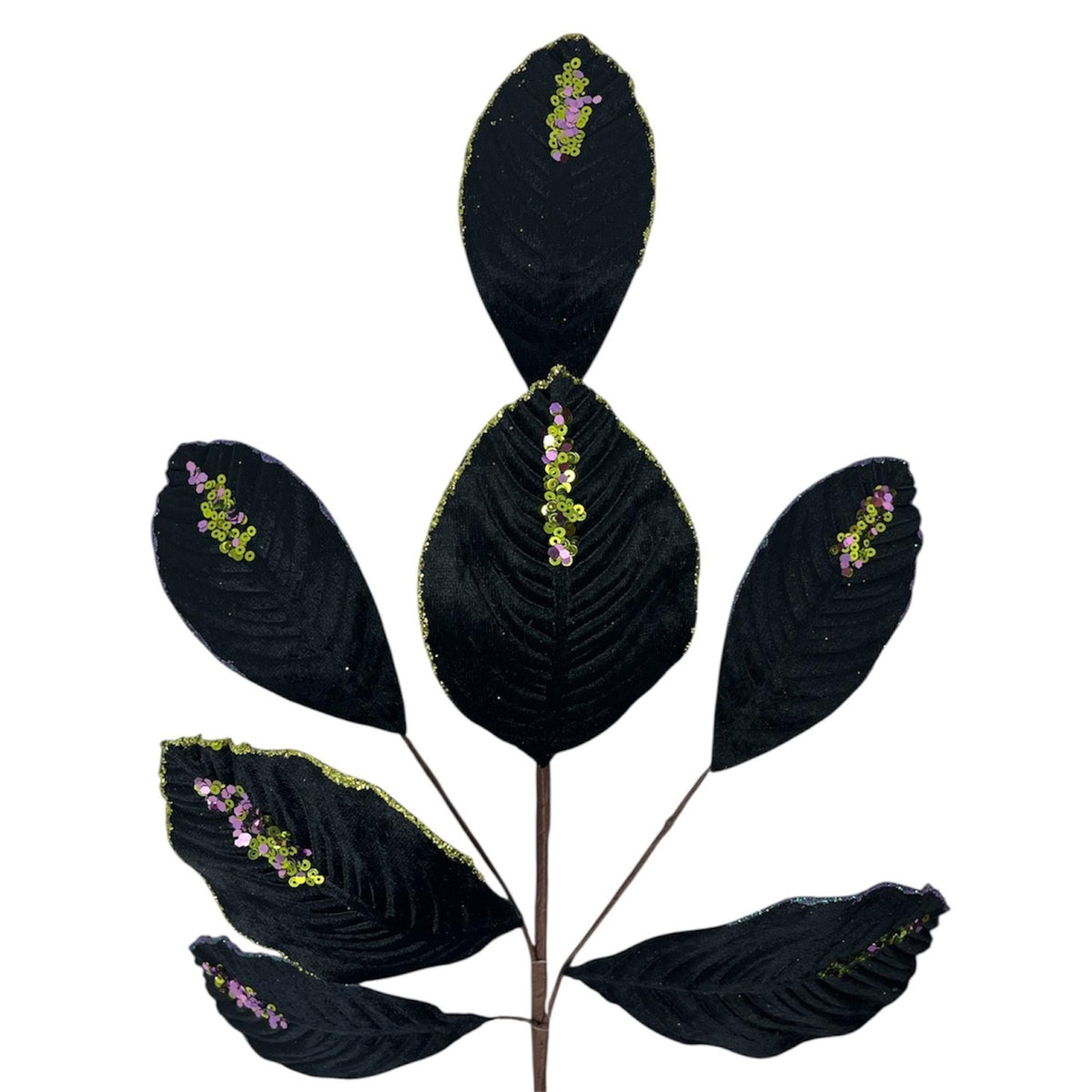 26" Black Velvet Magnolia Leaf Spray with Sequins – Halloween Floral Stem for Wreaths, Arrangements and Holiday Décor