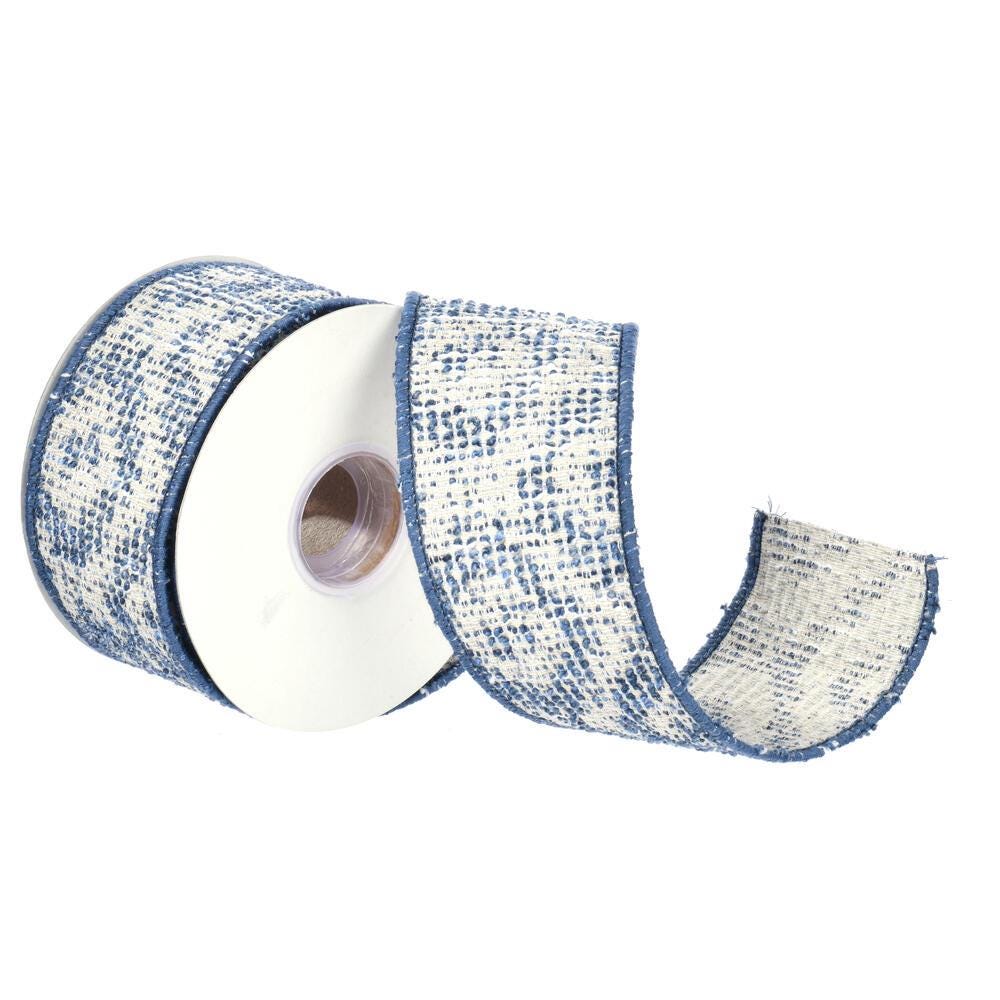 Vickerman Blue Jacquard Wired Ribbon 2.5" x 10 Yards – Blue and Cream Textured Ribbon for Wreaths, Bows and Décor