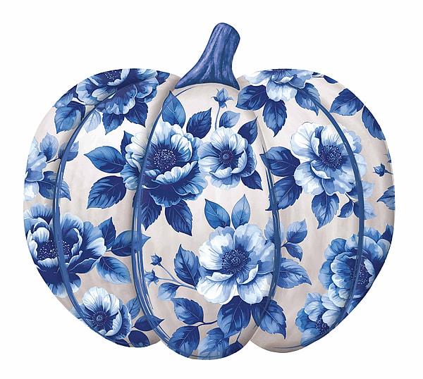12" Metal Chinoiserie Pumpkin Sign - Blue & White Floral Pumpkin - Fall Wreath Sign | Elegant Autumn Decor - Thanksgiving Wreath Accent