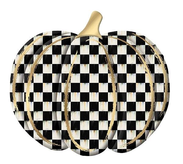 12" Metal Black & White Check Pumpkin Sign -Gold Accents, Fall Wreath Decor