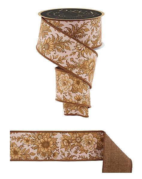 2.5" x 10 Yard Chinoiserie Floral Wired Ribbon | Brown & Cream Botanical Ribbon | Fused Back Designer Ribbon | Fall Wreath Ribbon