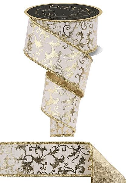 2.5" x 10 Yard Metallic Gold Swirl Leaf Wired Ribbon | Ivory Gold Fused Ribbon | Elegant Christmas & Wedding Wreath Ribbon