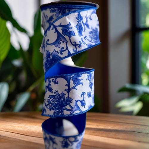 D Stevens 2.5-Inch Wired Ribbon, 10 Yards Faux Dupion Chinoiserie Blue White