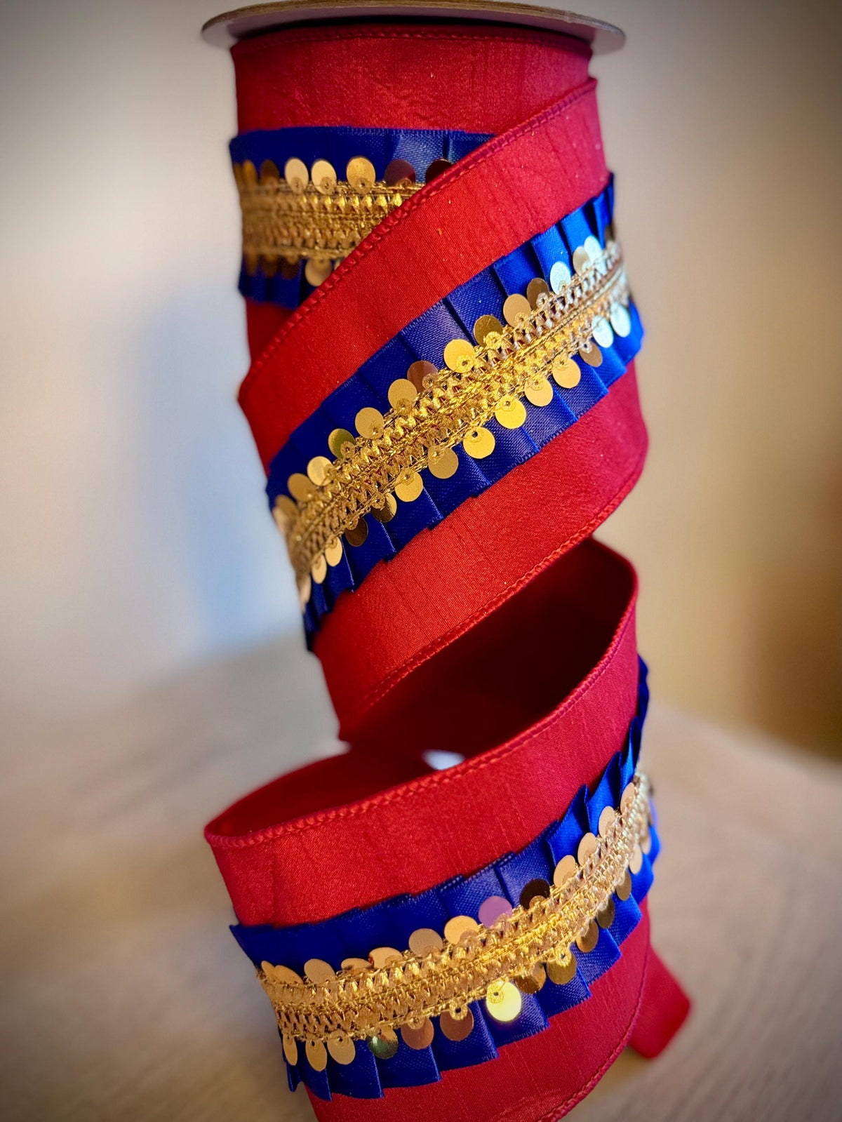 Farrisilk Nutcracker Frills Ribbon: 4-Inch Red Royal Blue Gold Sequins