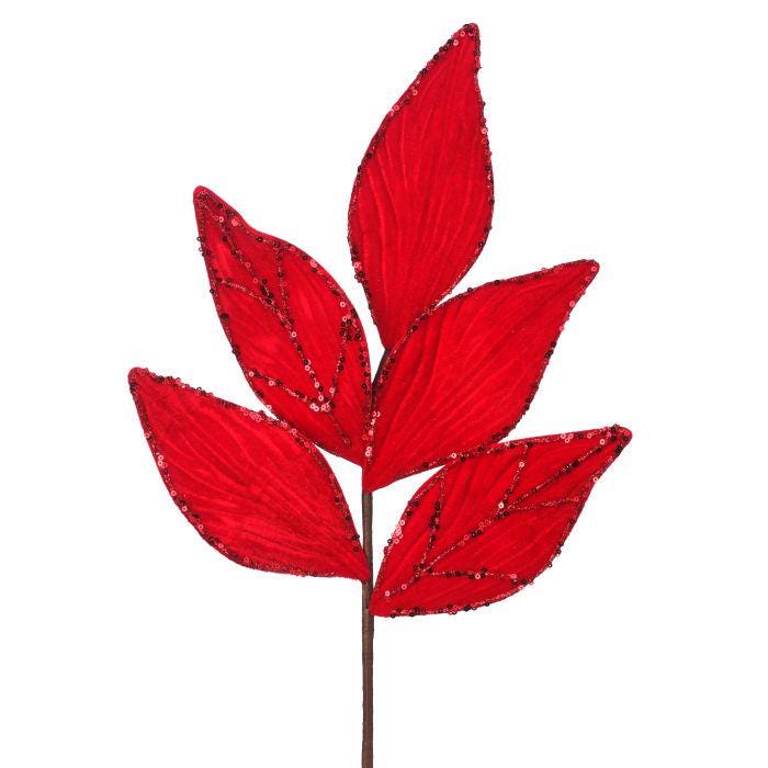 21-Inch Red Velvet Leaf Spray, Glitter Vein Detailing for Christmas Wreaths, Trees & Decor