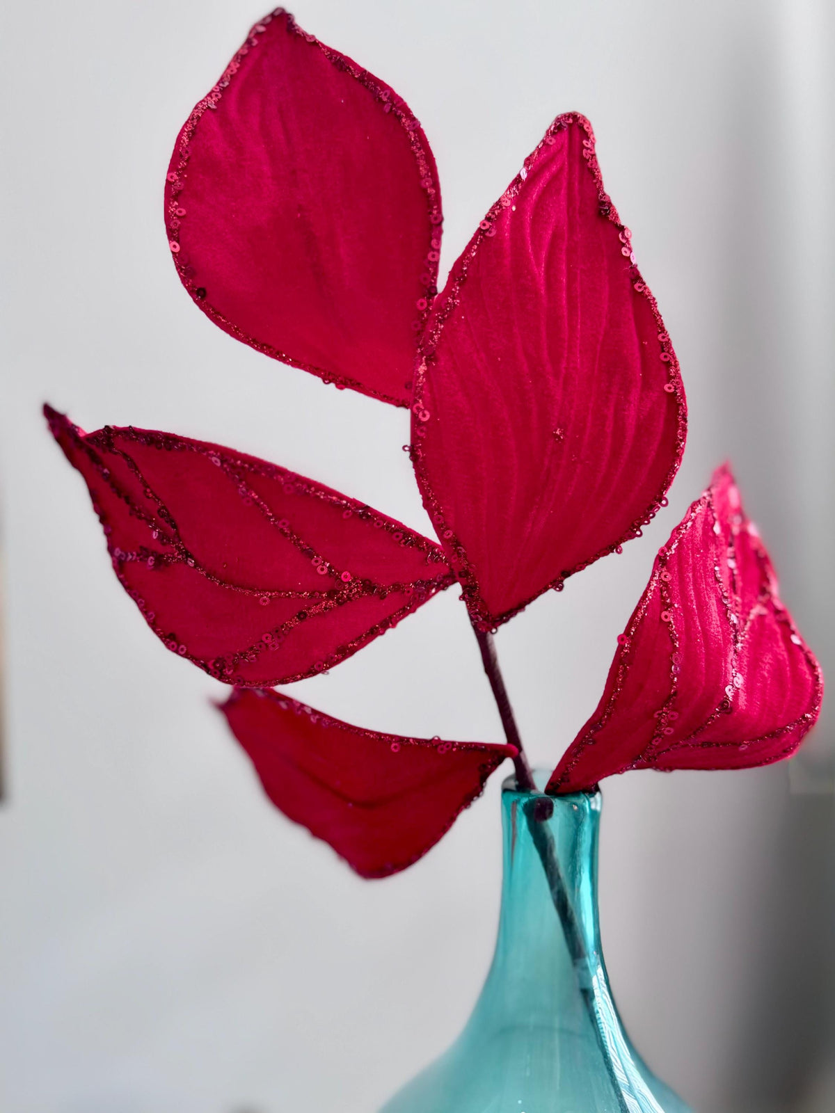 21-Inch Red Velvet Leaf Spray, Glitter Vein Detailing for Christmas Wreaths, Trees & Decor