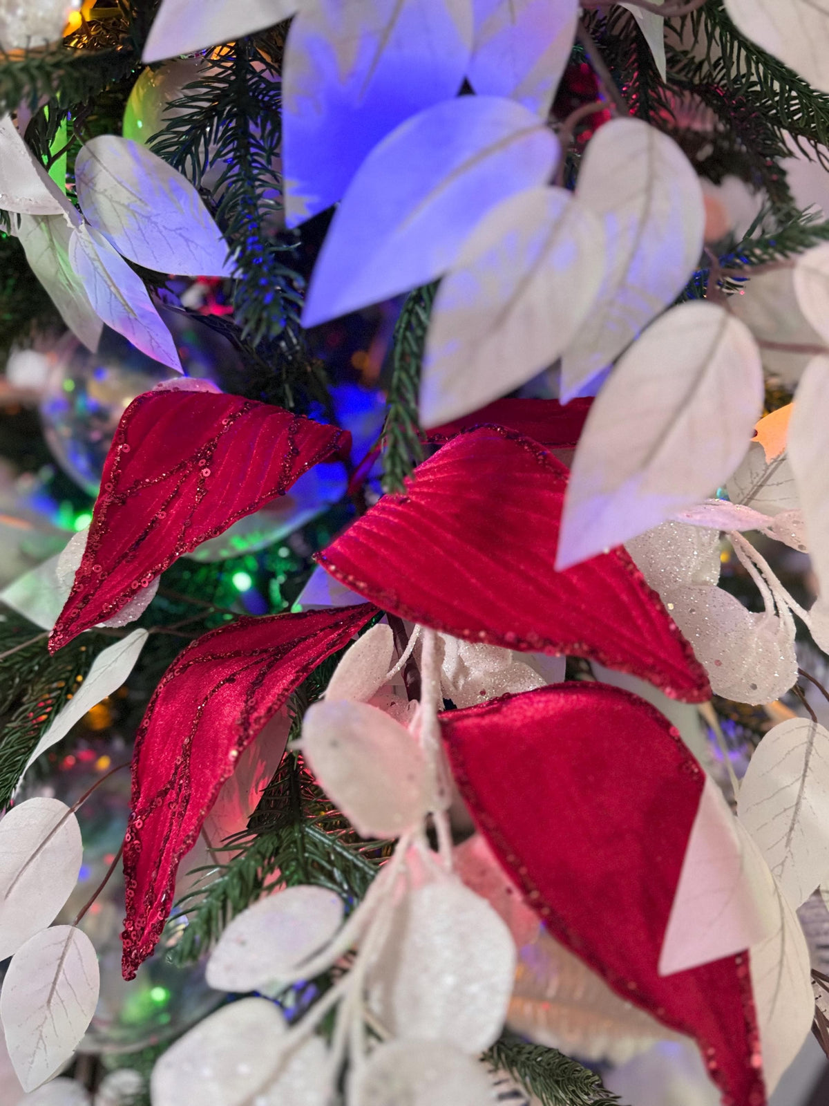 21-Inch Red Velvet Leaf Spray, Glitter Vein Detailing for Christmas Wreaths, Trees & Decor