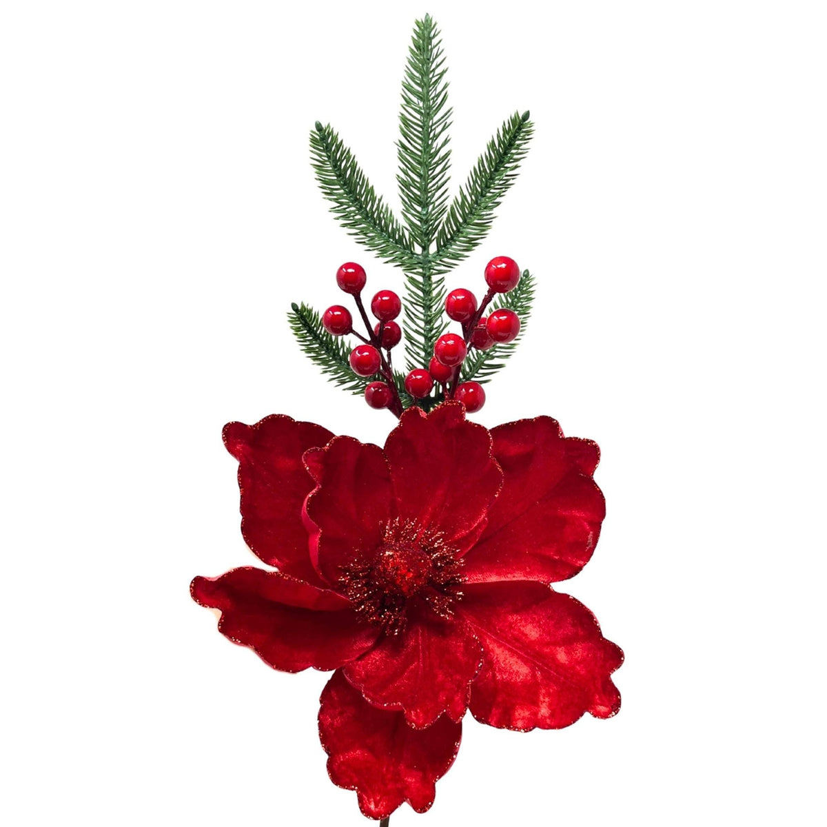 18-Inch Red Velvet Magnolia Berry Pick with Pine for Christmas Wreaths