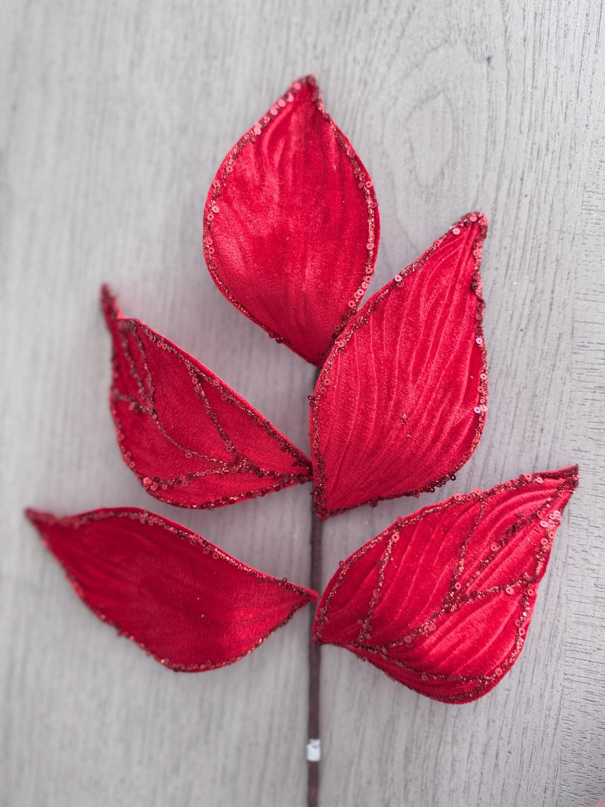 21-Inch Red Velvet Leaf Spray, Glitter Vein Detailing for Christmas Wreaths, Trees & Decor