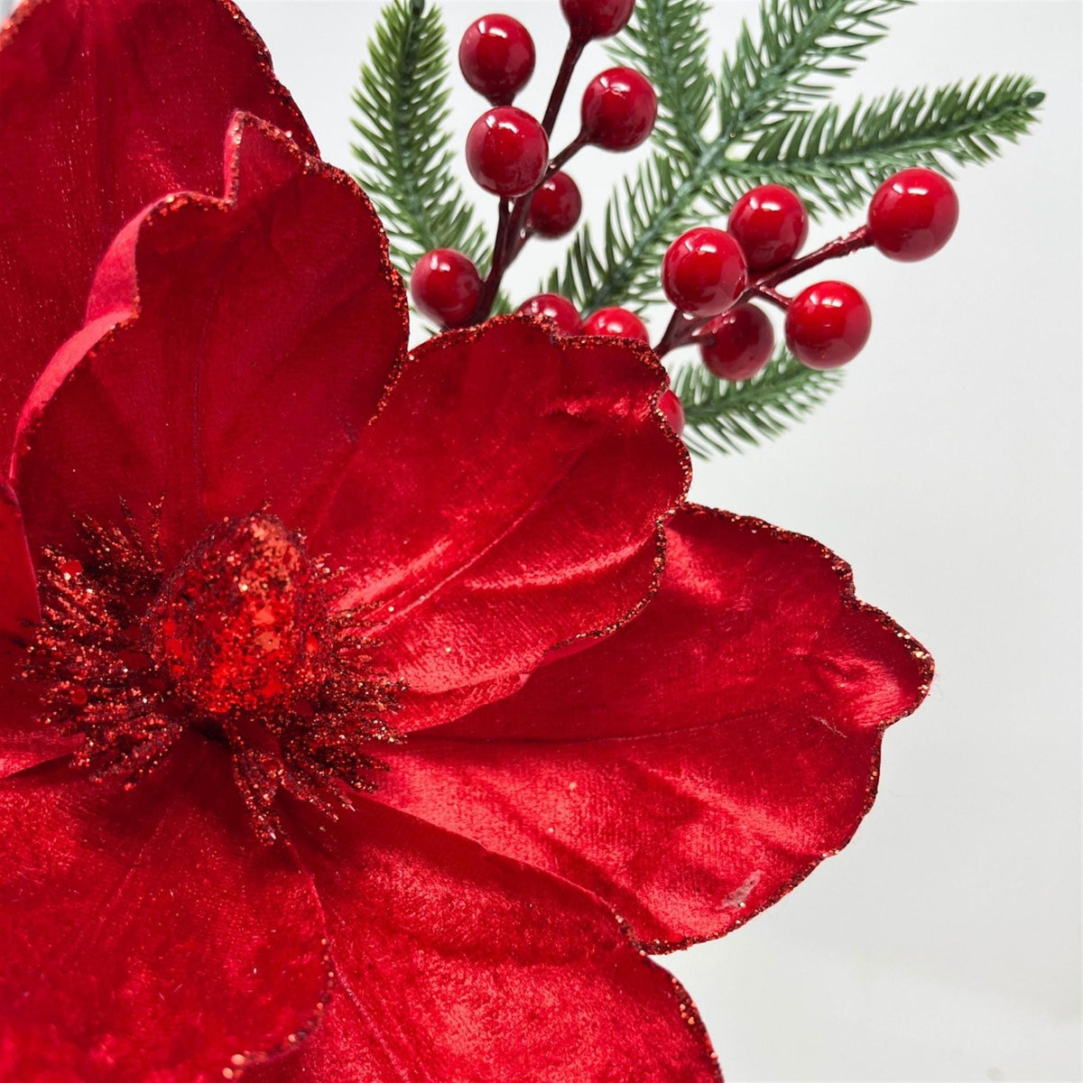 18-Inch Red Velvet Magnolia Berry Pick with Pine for Christmas Wreaths